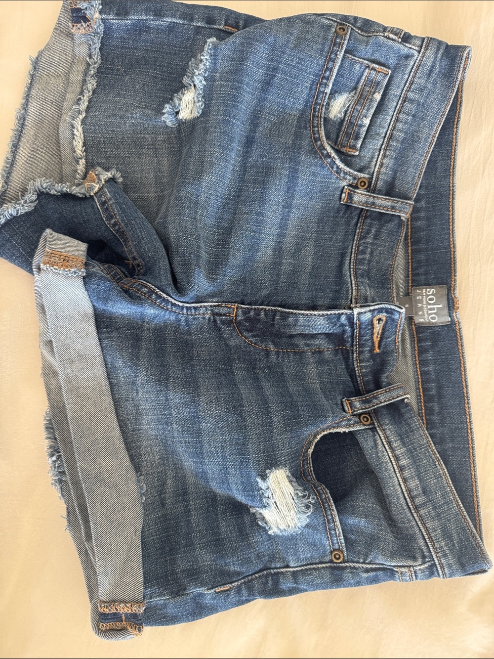 Soho Distressed Rolled Hem Denim Shorts - Medium Blue